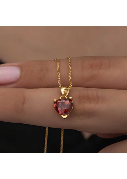 925 Ayar Gümüş Gold Kırmızı Taşlı Kalpli Kadın Kolye T8325 fırsatları