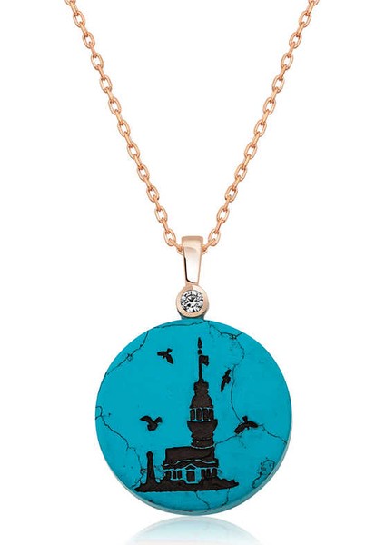 ​925 Ayar Gümüş Kız Kulesi Manzaralı Kadın Gümüş Kolye T4518