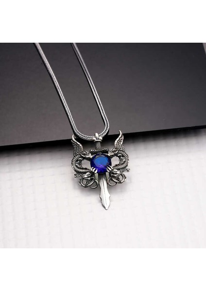 925 Ayar Gümüş Mavi Taşlı Ejderha Erkek Kılıç Kolye T7930 fiyatları