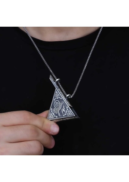925 Ayar Gümüş Üçgen Içi Açılabilen Tuğra Muskalık Gümüş Kolye T6014 modelleri