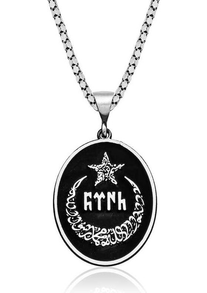 925 Ayar Gümüş Ay Yıldız Içerisi Göktürkçe Türk Yazılı Erkek Gümüş Kolye T6145