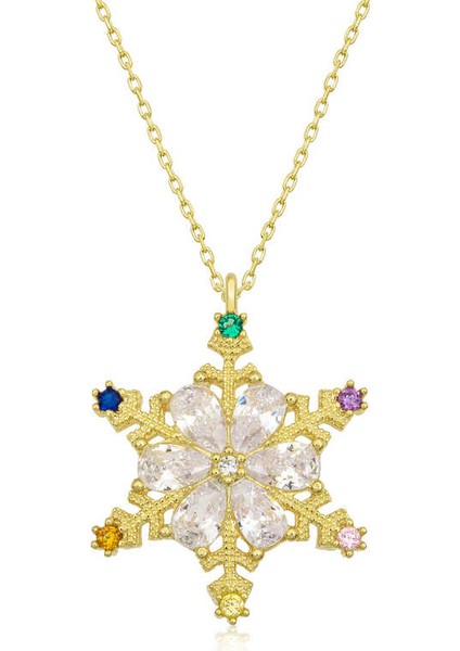 925 Ayar Gümüş Gold Renkli Taşlı Kar Tanesi Kadın Gümüş Kolye T7090