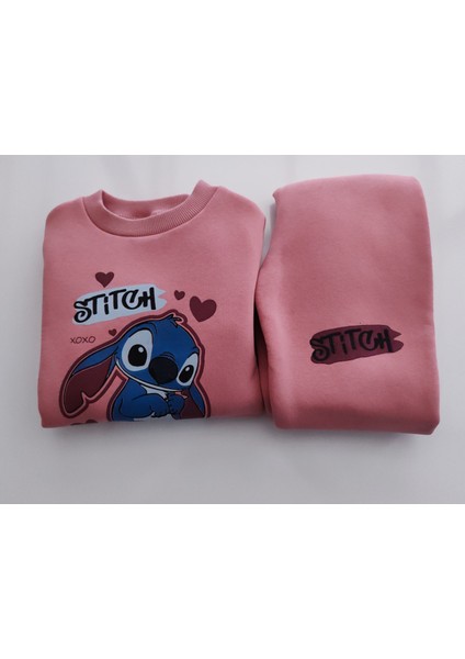 Kız Çocuk Üç Iplik Şardonlu 2’li Takım | Sweatshirt & Eşofman Altı | Stick Baskılı