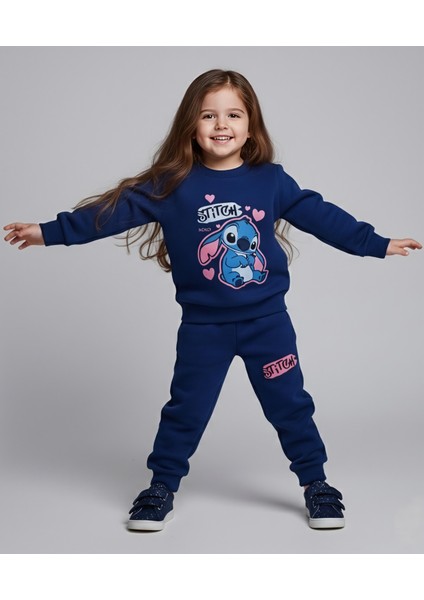 Kız Çocuk Üç Iplik Şardonlu 2’li Takım | Sweatshirt & Eşofman Altı | Stick Baskılı