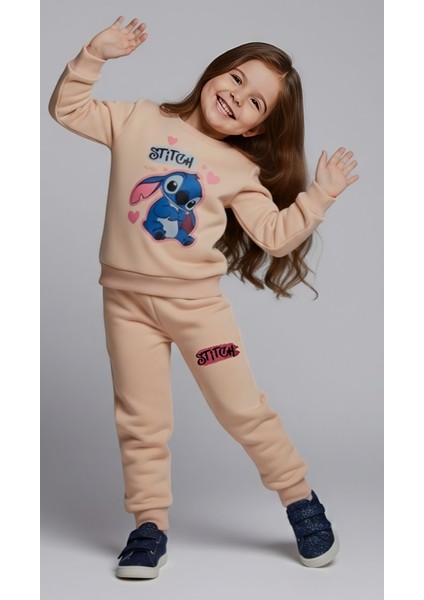 Kız Çocuk Üç Iplik Şardonlu 2’li Takım | Sweatshirt & Eşofman Altı | Stick Baskılı