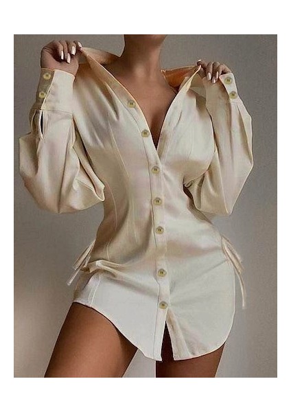 Kadın Uzun Kollu Gömlek Yaka Önden Düğmeli Yanlardan Büzgülü Kısa Aerobin Elbise indirimleri