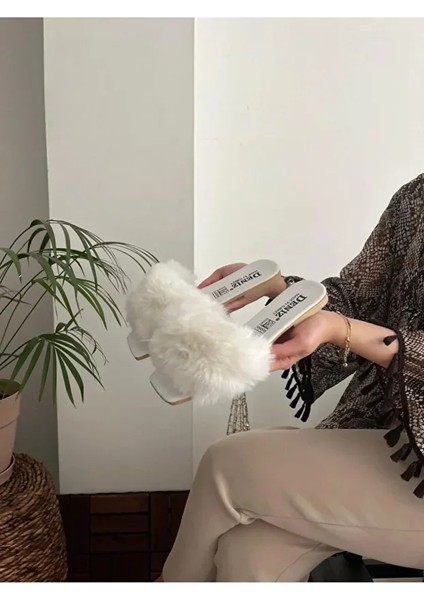 Tüylü Lüks Sessiz Tabanlı Kadın Terlik Ev Terliği Misafir Bohça Çeyiz