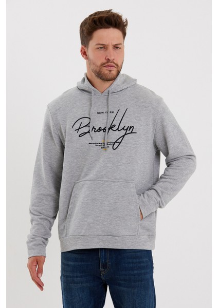 Süperlife Erkek Kapşonlu Regular Fit Brooklyn Baskılı Ince Sweatshirt SPR23SW361