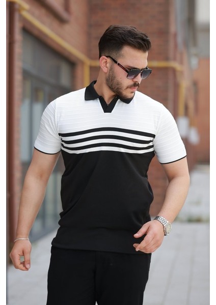 Erkek Çizgi Desenli Yakalı Kısa Kollu T-Shirt