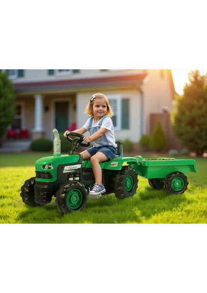 Römorklu Pedallı Yeşil Traktör | 36+ Ay Çocuk Oyuncağı | 173 x 52 x 45 cm | Korna & Dayanıklı