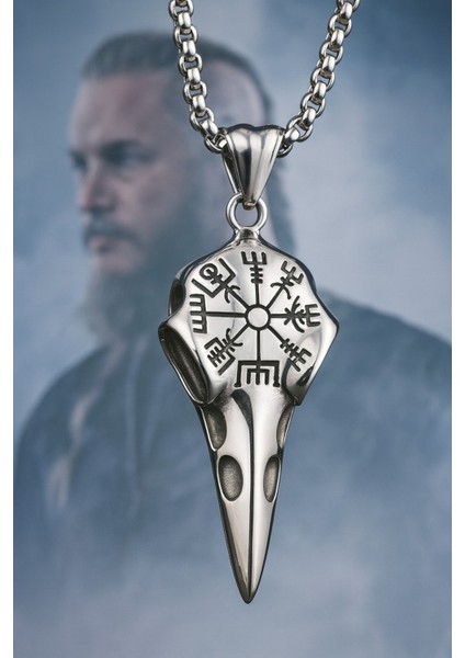 Viking Vegvisir Runik Sembollü Kuzgun Kafatası Çelik Kolye