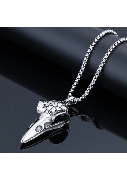 Viking Vegvisir Runik Sembollü Kuzgun Kafatası Çelik Kolye fiyatları