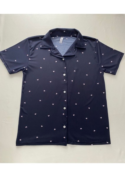Kadın Mia Kumaş Doku Lacivert Kalp Desen Ön Düğmeli Kısa Kollu Pijama Takımı modelleri
