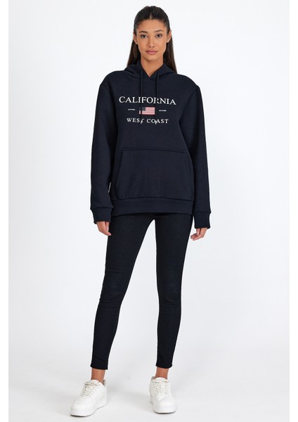 Süperlife Kadın Kapşonlu Rahat Kalıp Içi Polarlı 3 Iplik Kanguru Cepli Amerikan Baskılı Swetashırt SPR24SWK01