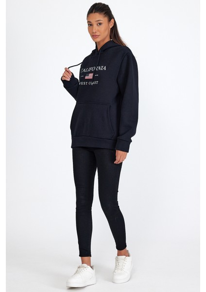 Süperlife Kadın Kapşonlu Rahat Kalıp Içi Polarlı 3 Iplik Kanguru Cepli Amerikan Baskılı Swetashırt SPR24SWK01 modelleri