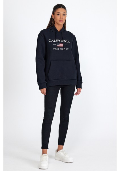 Süperlife Kadın Kapşonlu Rahat Kalıp Içi Polarlı 3 Iplik Kanguru Cepli Amerikan Baskılı Swetashırt SPR24SWK01 fırsatları