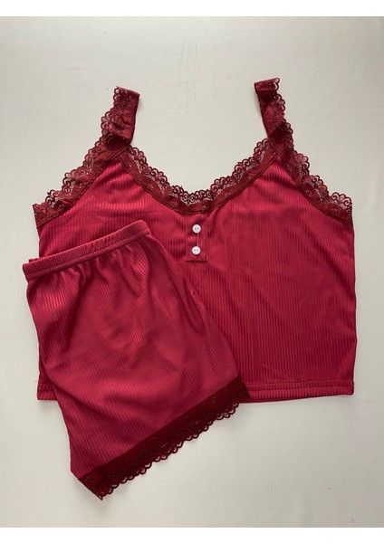 Kadın Dantel Detaylı Önü Düğmeli Bordo Şort Pijama Takım