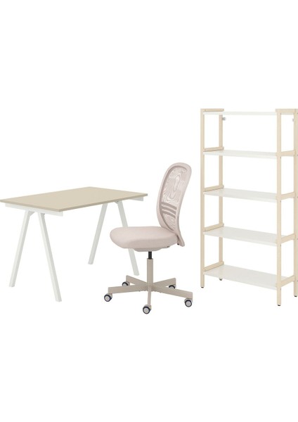 Masa, Sandalye ve Dolap Kombinasyonu, Bej-Beyaz