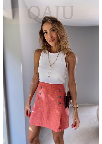 Kazayağı Desenli Turuncu Mini Etek