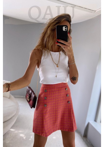 Kazayağı Desenli Turuncu Mini Etek