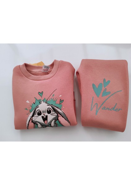 Kız Çocuk Üç Iplik Şardonlu 2’li Takım | Sweatshirt & Eşofman Altı | Tavşan Baskılı