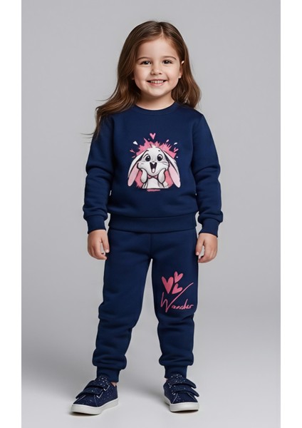 Kız Çocuk Üç Iplik Şardonlu 2’li Takım | Sweatshirt & Eşofman Altı | Tavşan Baskılı