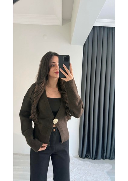 Liente Gold Düğme Detaylı Acı Kahve Hırka