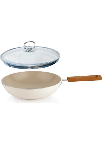 Ceramoni Seramik Wok Tava 28 cm Cam Kapaklı-Krem
