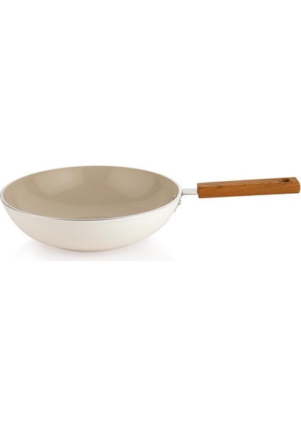 Ceramoni Seramik Wok Tava 28 cm Cam Kapaklı-Krem fırsatları