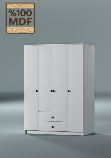 4 Kapılı Dolap %100 Mdf Çekmeceli Geniş Iç Hacim Kapaklı Beyaz Gardırop