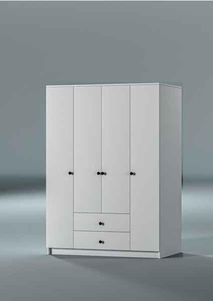 4 Kapılı Dolap %100 Mdf Çekmeceli Geniş Iç Hacim Kapaklı Beyaz Gardırop