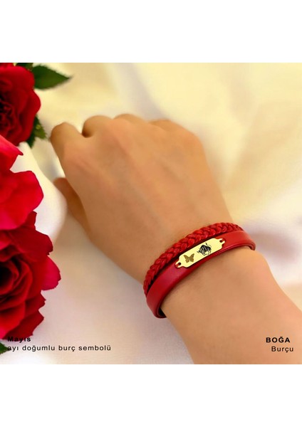14 Ayar Plakalı Altın Boğa Burçları Için Koyu Kırmızı Derili Kelebek Motifli Hediye BILEKLIK-677