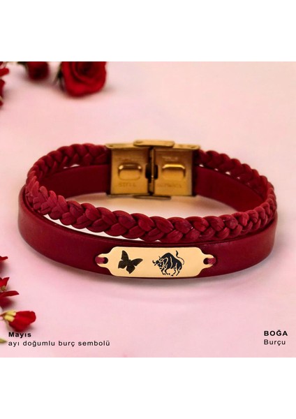 14 Ayar Plakalı Altın Boğa Burçları Için Koyu Kırmızı Derili Kelebek Motifli Hediye BILEKLIK-677 fiyatları