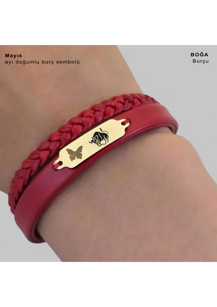 14 Ayar Plakalı Altın Boğa Burçları Için Koyu Kırmızı Derili Kelebek Motifli Hediye BILEKLIK-677 fırsatları