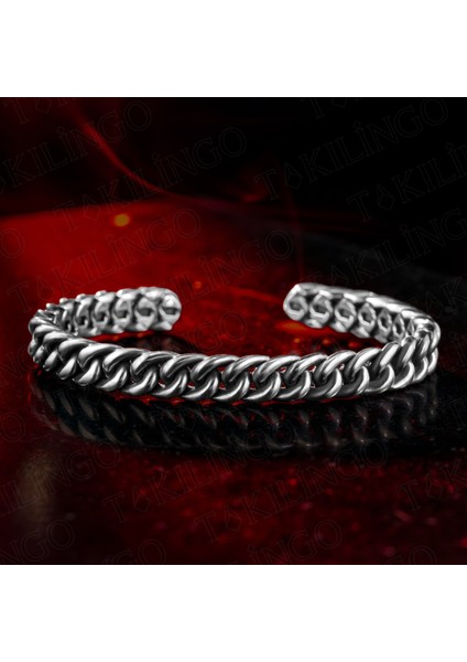 925 Ayar Gümüş Kalın Burgu Zincir Model Açık Cuff Ayarlanabilir Erkek Bileklik