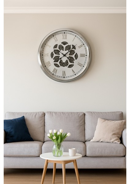 Dekoratif Çarklı Duvar Saati, Modern Roma Rakamı Duvar Saati Silver 45cm Çap (CON-4506)