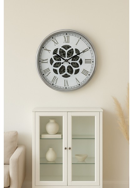 Dekoratif Çarklı Duvar Saati, Modern Roma Rakamı Duvar Saati Silver 45cm Çap (CON-4506) fiyatları