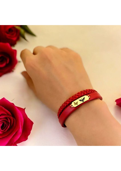 Altın Plakalı 14 Ayar Kartal Temalı Koyu Kırmızı Derili Kelebek Motifli Hediye BILEKLIK-677