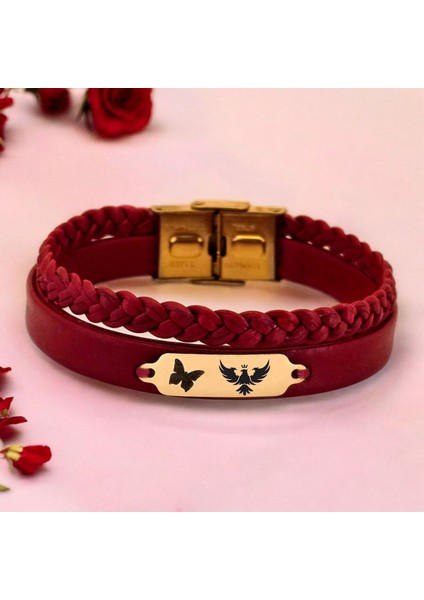 Altın Plakalı 14 Ayar Kartal Temalı Koyu Kırmızı Derili Kelebek Motifli Hediye BILEKLIK-677 fiyatları