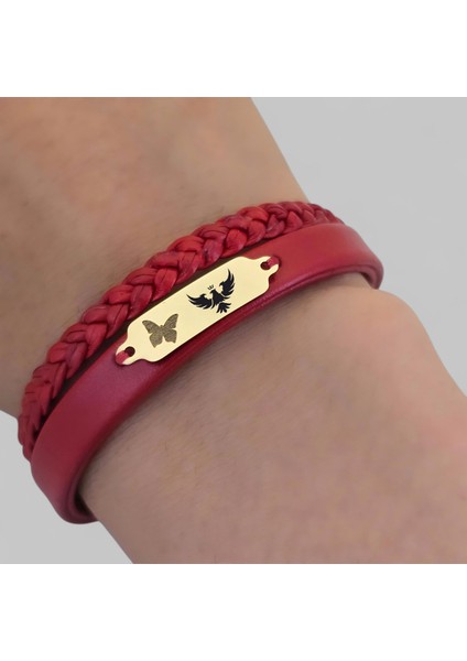 Altın Plakalı 14 Ayar Kartal Temalı Koyu Kırmızı Derili Kelebek Motifli Hediye BILEKLIK-677 fırsatları