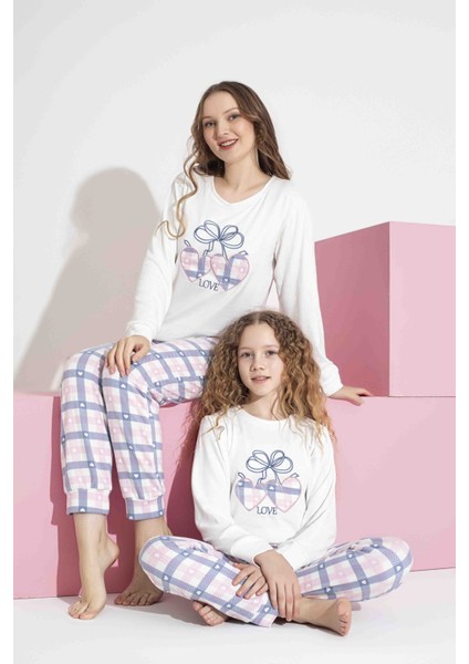 Tarık Kadın Beyaz Kalp Desen Anne Kız Kombin Termal Kışlık Sıcak Tutan Yumuşak Pijama Takımı