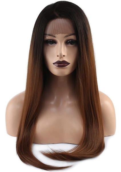 Düz Fiber Sentetik Tül Peruk / Siyah / Karamel Ombreli