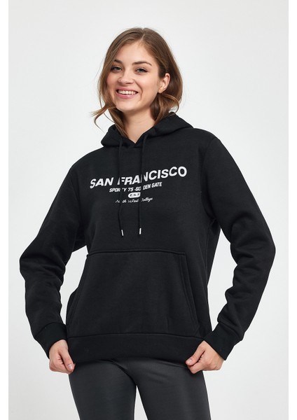 Süperlife Kadın Kapşonlu Rahat Kalıp Içi Polarlı 3 Iplik Kanguru Cepli San Francisco Baskılı Swetashırt SPR24SWK02