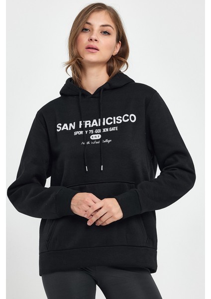 Süperlife Kadın Kapşonlu Rahat Kalıp Içi Polarlı 3 Iplik Kanguru Cepli San Francisco Baskılı Swetashırt SPR24SWK02 modelleri