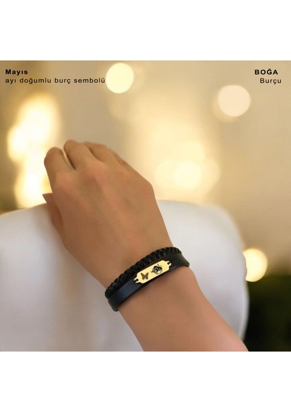 14 Ayar Altın Plakalı Boğa Burçları Için Doğal Siyah Derili Kelebek Figürlü Hediye BILEKLIK-678