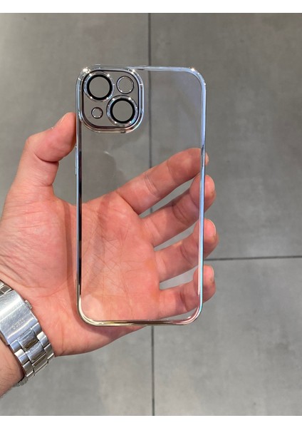 Iphone 13 ve 14 Uyumlu Şeffaf Sert Silikon Telefon Kılıfı Parlak Kenar Şeritli Kamera Korumalı Kılıf