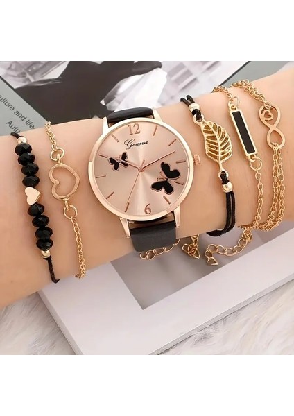 Kadın Kol Saati ve Bileklik Seti - Siyah Rose Gold ST703