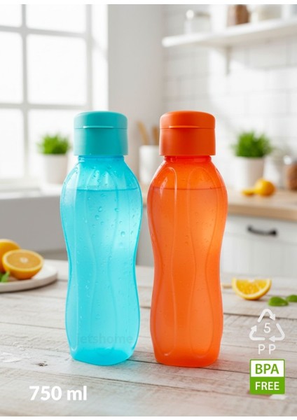2’li Suluk Seti PP-5 Bpa Free Akıtmaz-Kokusuz Ofis-Spor-Okul Matarası Mavi Turuncu 750 ml