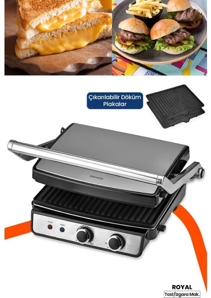 Paslanmaz Çelik 2000W Tost ve Izgara Makinesi, Ayarlı Isı, Çıkarılabilir Plakalar