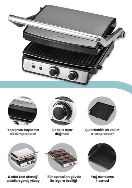 Paslanmaz Çelik 2000W Tost ve Izgara Makinesi, Ayarlı Isı, Çıkarılabilir Plakalar fırsatları